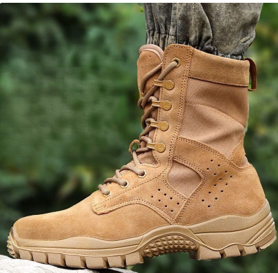 Genuine Brown Combat Training Men's Side Zipper Work Boots — Genuine Leather Waterproof Hiking Sand Color Outdoor Desert Boots