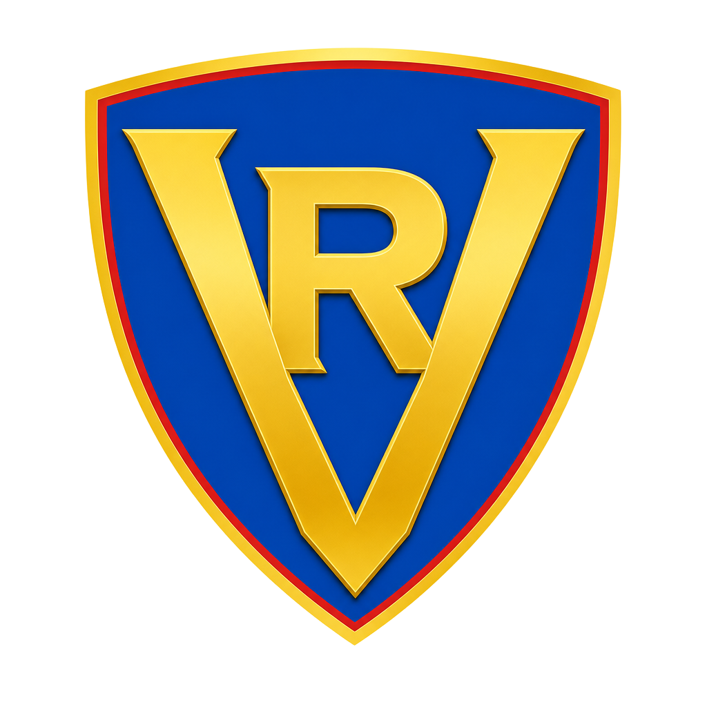 Valora logo — royal blue shield with a gold V and a big R inside it
